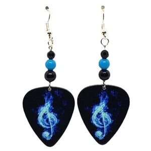 Flaming Blue TREBLE CLEF Guitar Pick Earrings with Beads - Handmade USA Music